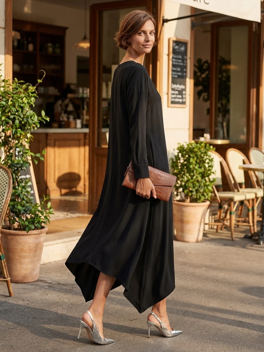 Vestido Midi Negro de Manga Larga con Escote en V y Dobladillo Asimétrico