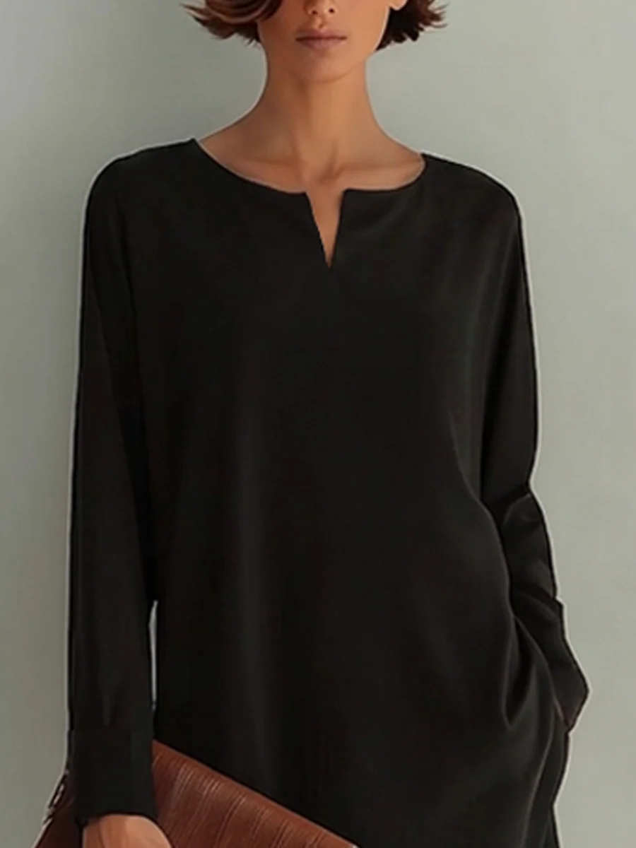 Vestido Midi Negro de Manga Larga con Escote en V y Dobladillo Asimétrico