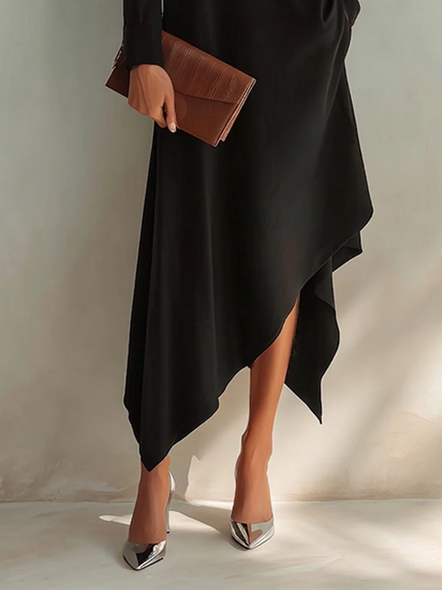 Vestido Midi Negro de Manga Larga con Escote en V y Dobladillo Asimétrico