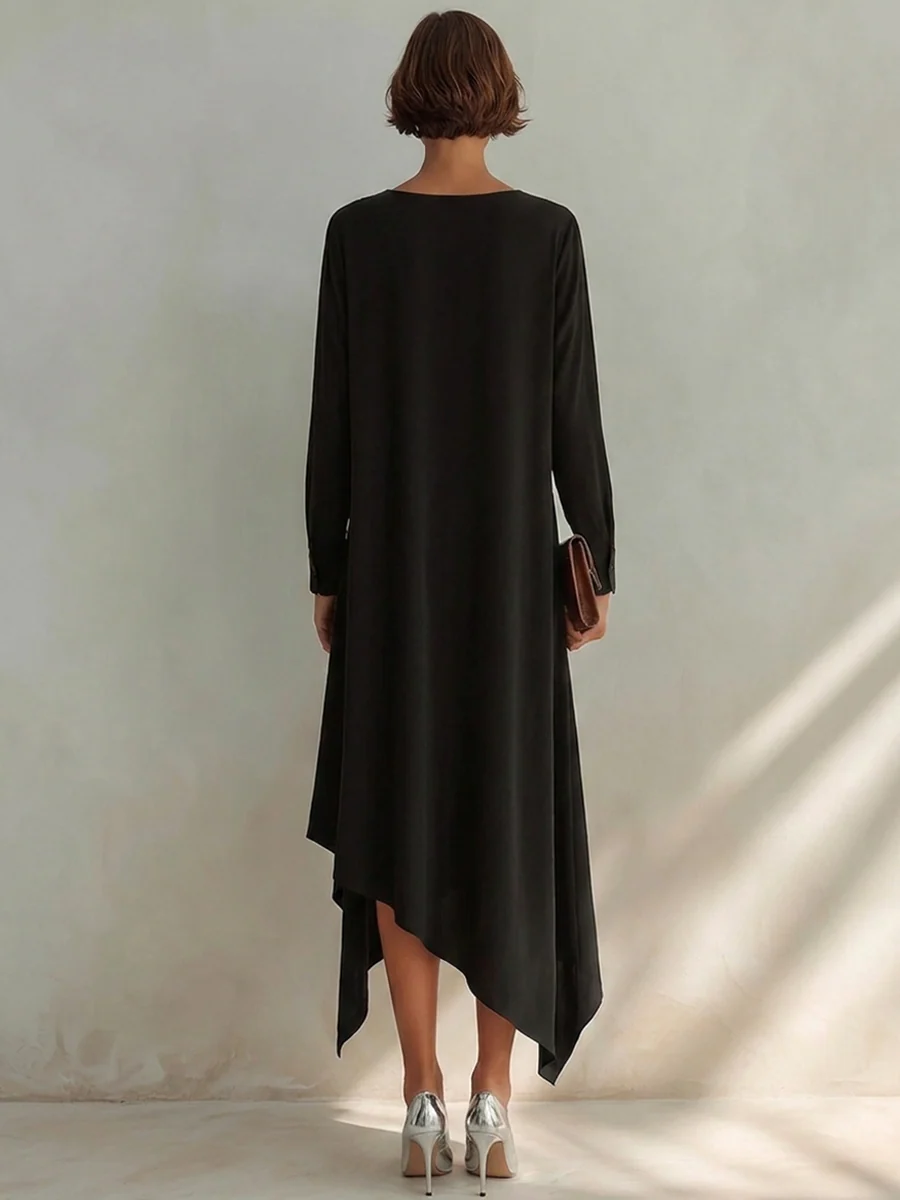 Vestido Midi Negro de Manga Larga con Escote en V y Dobladillo Asimétrico