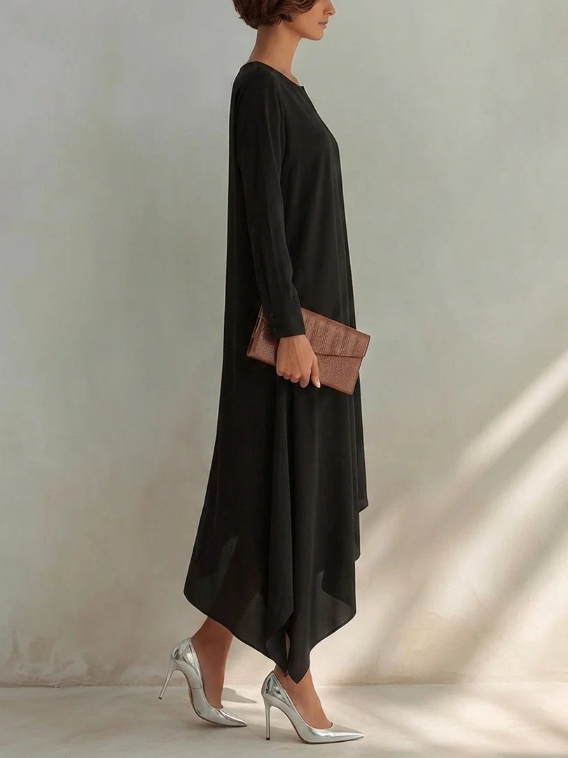 Vestido Midi Negro de Manga Larga con Escote en V y Dobladillo Asimétrico