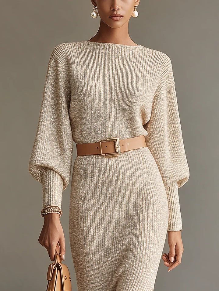 Vestido Midi de Manga Abullonada con Escote Barco en Color Avena (con cinturón)