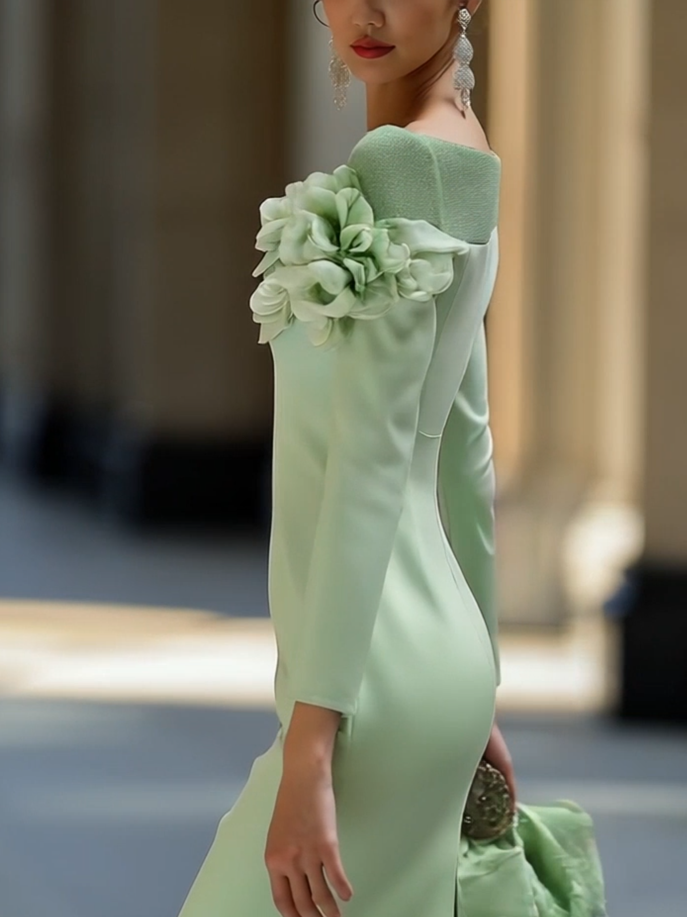 Vestido Midi de Flores 3D con Cuello Redondo y Hombros Descubiertos