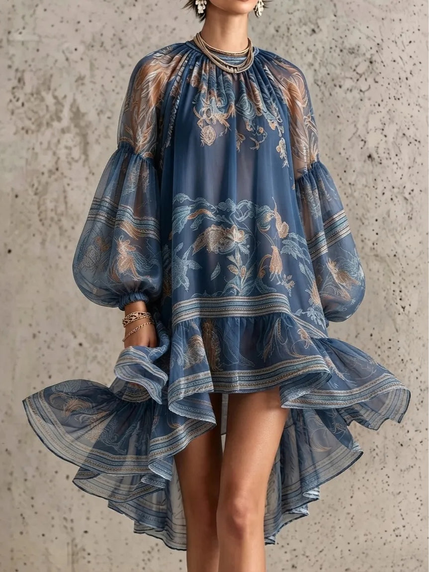 Marina | Vestido mini suelto de manga larga impreso elegante vintage