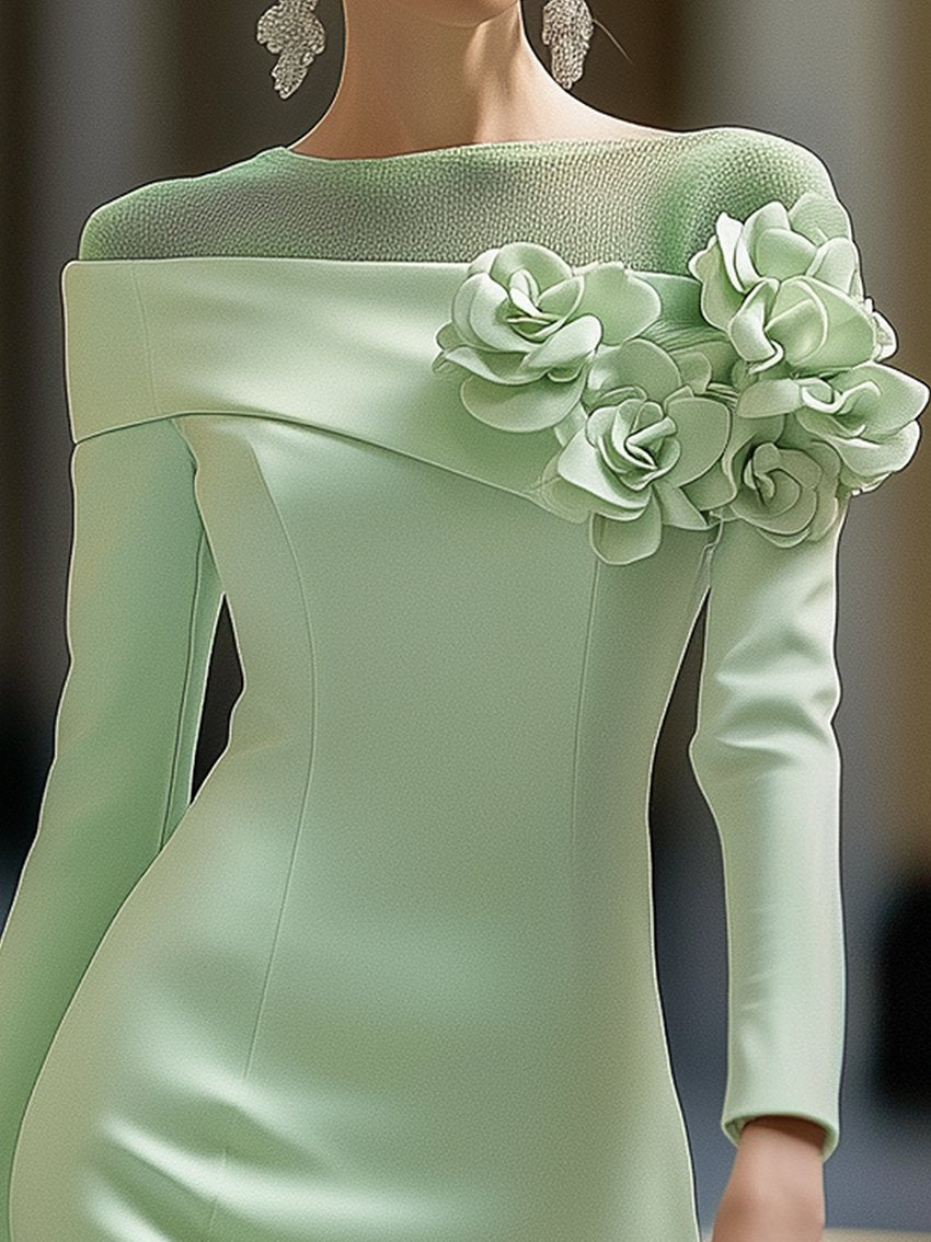 Vestido Midi de Flores 3D con Cuello Redondo y Hombros Descubiertos