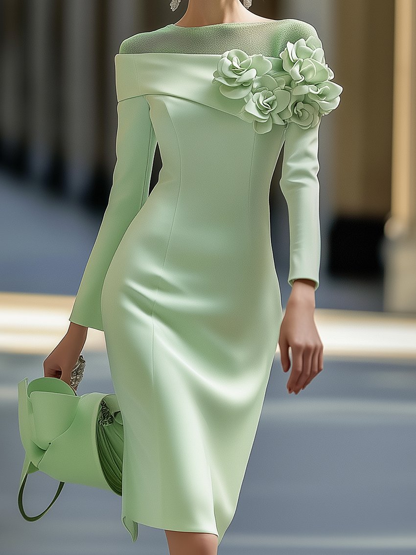 Vestido Midi de Flores 3D con Cuello Redondo y Hombros Descubiertos