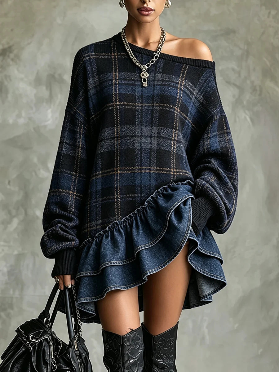 Alejandra | Vestido de Cuadros con Volante y Hombro Descubierto