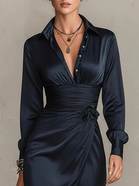 Elegancia | Vestido Midi Satinado Negro con Cuello Camisero