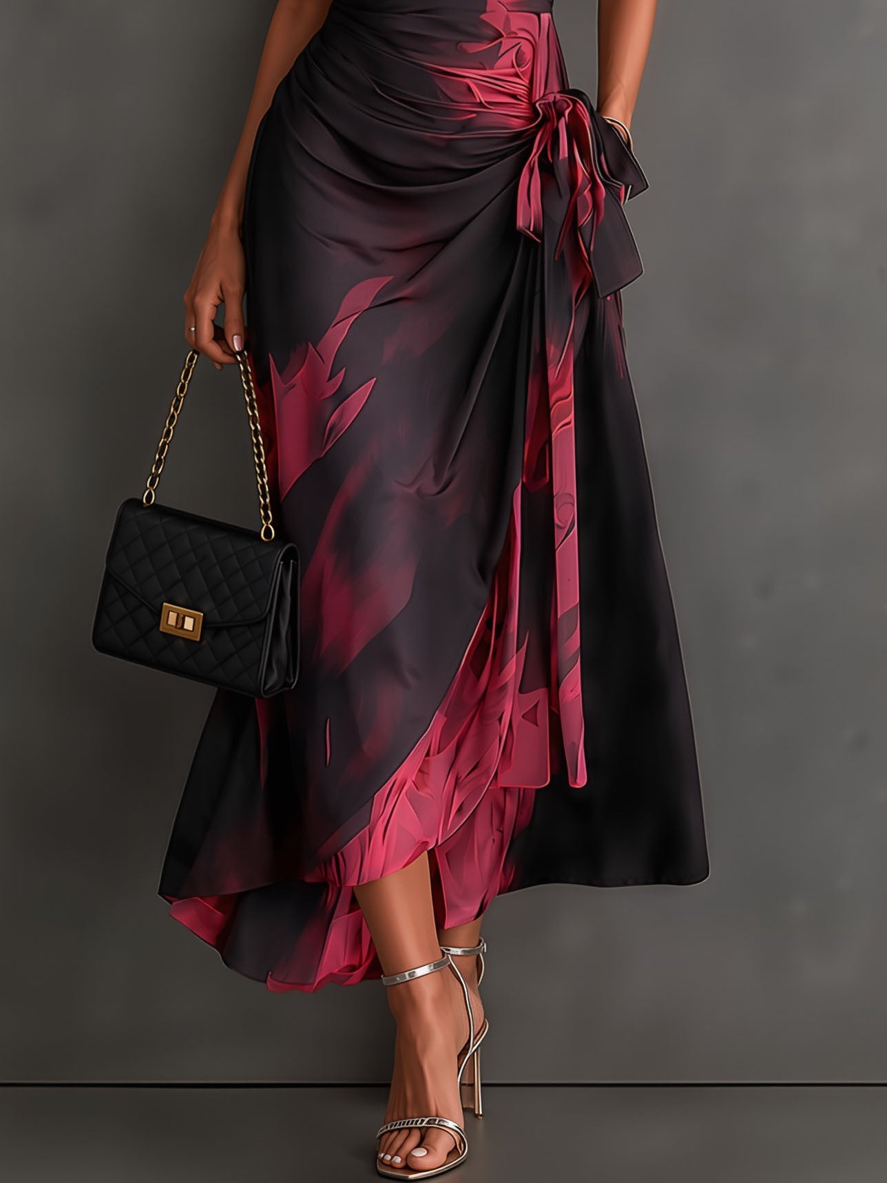 Glicinia | Vestido Midi Envoltura Abstracto Rojo Negro con Cuello