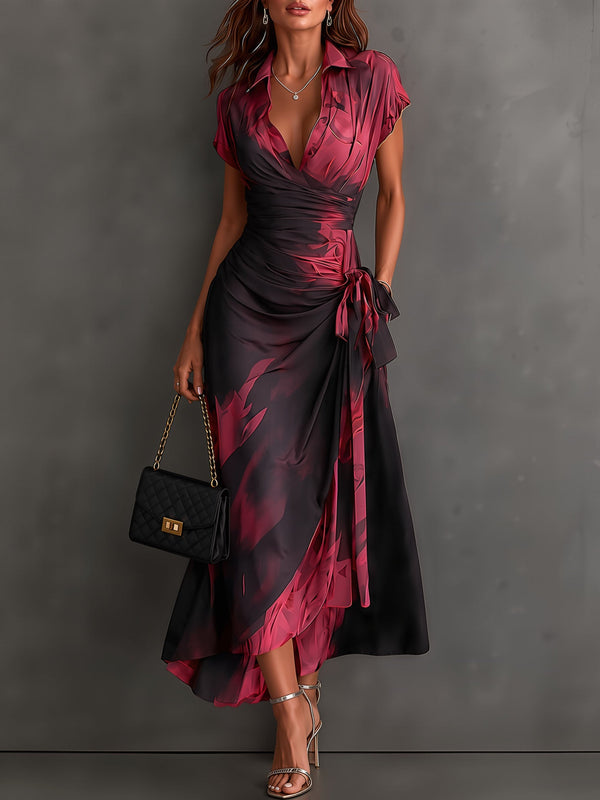 Glicinia | Vestido Midi Envoltura Abstracto Rojo Negro con Cuello